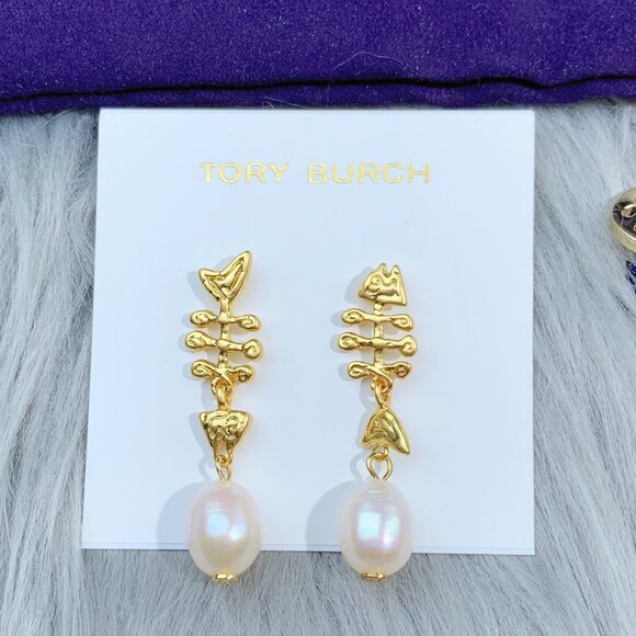 TORY BURCH Faux Pearl Fish Bone Drop Earrings - Picture 2 of 5